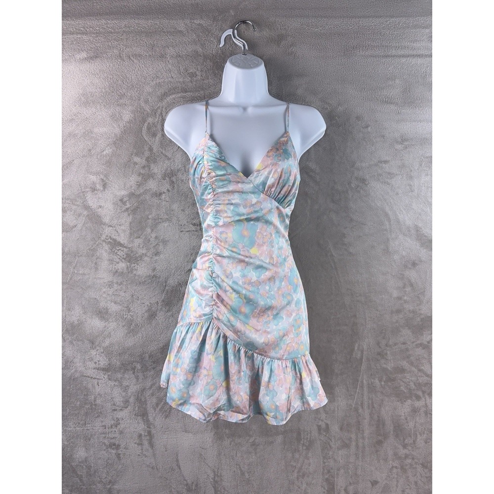 MAJORELLE Melville Mini Dress Womens Size XS White Floral Ruched Satin Ruffled